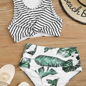 Striped top & tropical high waist bottom bikini L